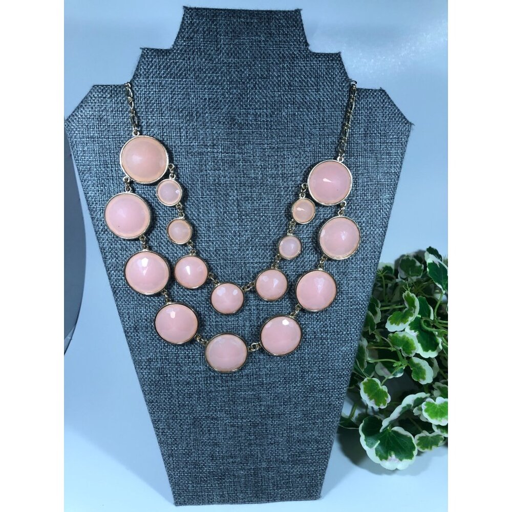 Charming Charlie Peach Facet Stones Lucite Bib Gold Tone Two Strand 18" Necklace